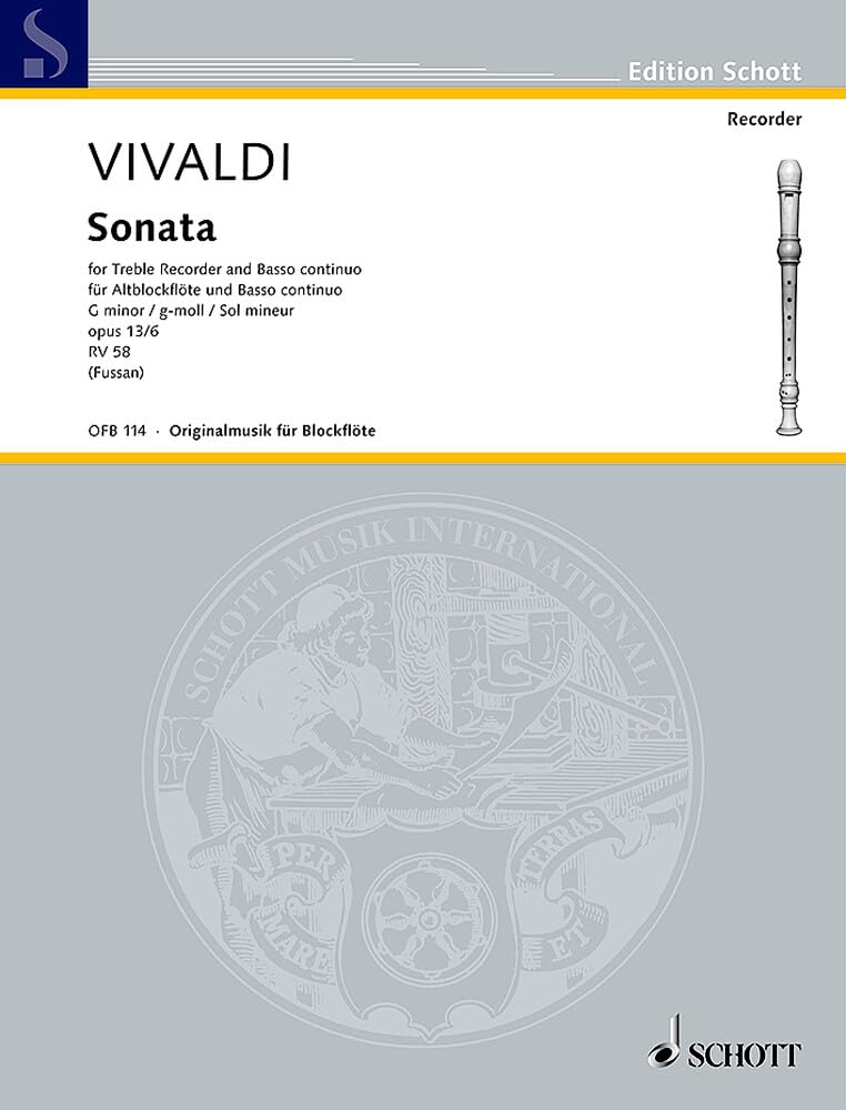 Sonata g-Moll: Nach neueren Forschungen stammt diese Sonate vermutlich von Nicolas Chédeville.. op. 13a/6. RV 58. Alt-Blockflöte (Flöte, Oboe, Violine) und Basso continuo. (Edition Schott) Sheet Music