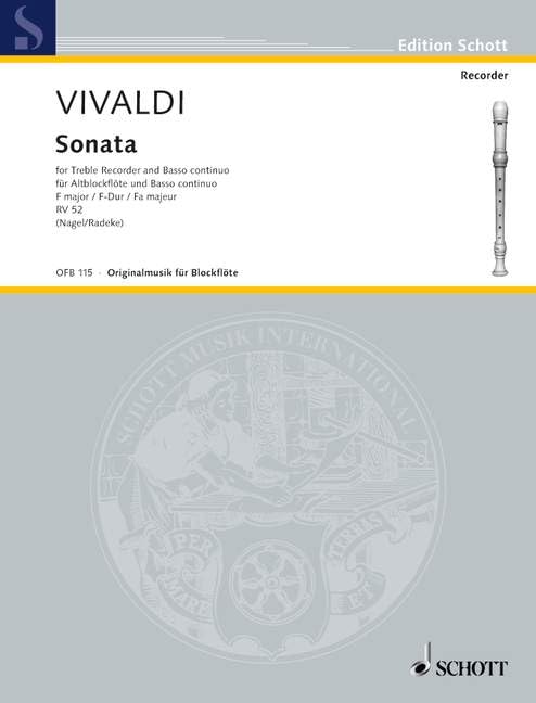 Sonata Fa majeur: RV 52. treble recorder and basso continuo; cello ad libitum. Sheet Music