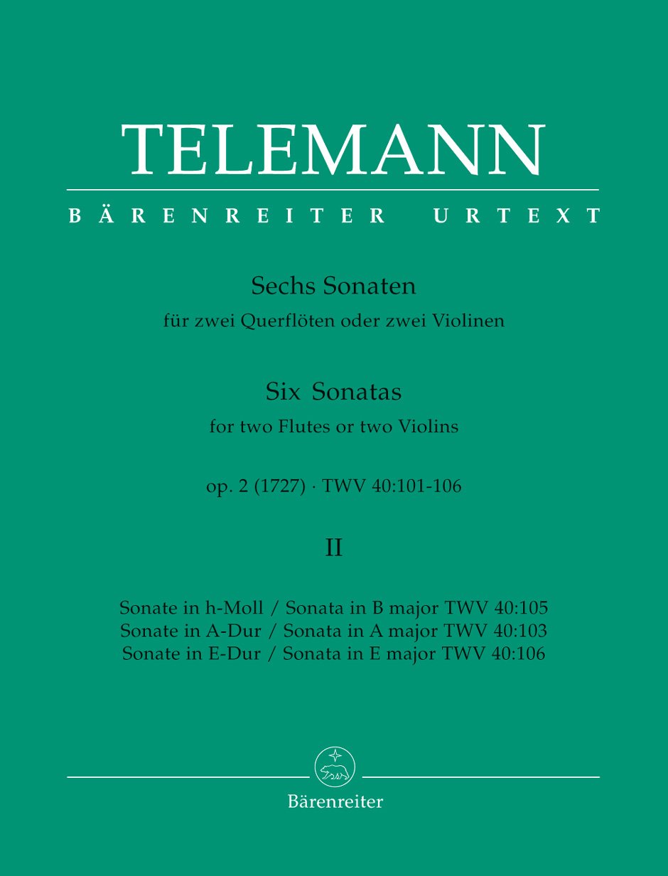 Sechs Sonaten für zwei Querflöten oder zwei Violinen op. 2 TWV 40:103, 105, 106 (Heft II). Spielpartitur, Urtextausgabe, Sammelband Music