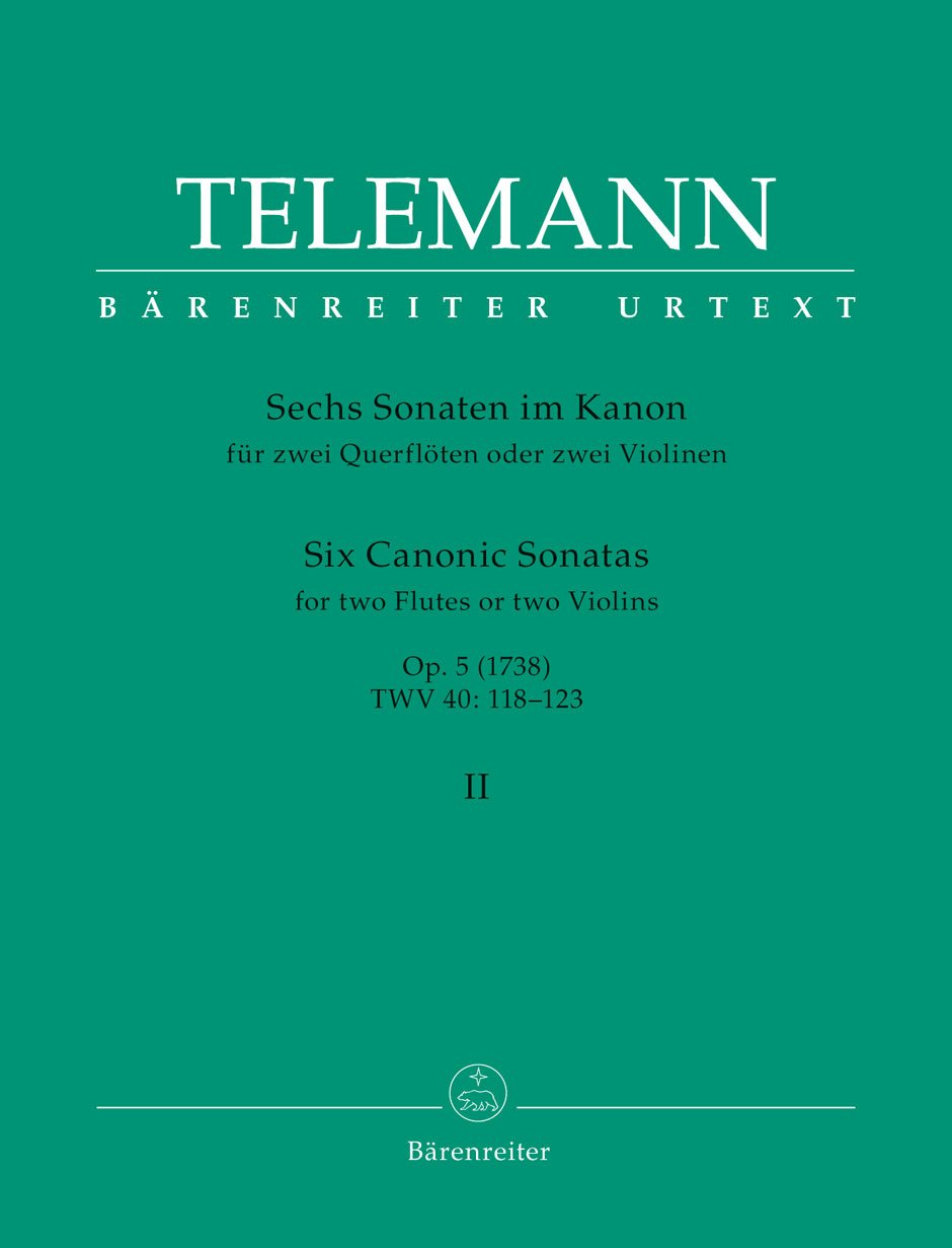 Sechs Sonaten im Kanon für zwei Querflöten oder zwei Violinen op. 5 TWV 40:118-123 (1738) (Heft 2). Spielpartitur(en), Urtextausgabe, Sammelband. BÄRENREITER URTEXT Music