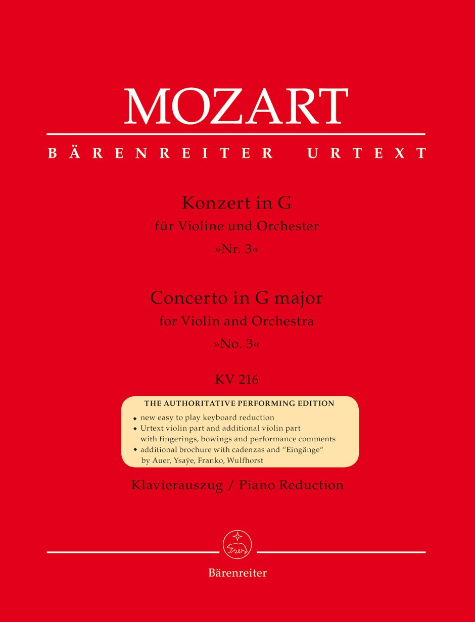 Konzert für Violine und Orchester Nr. 3 G-Dur KV 216. BÄRENREITER URTEXT. Klavierauszug, Stimme, Urtextausgabe Sheet Music