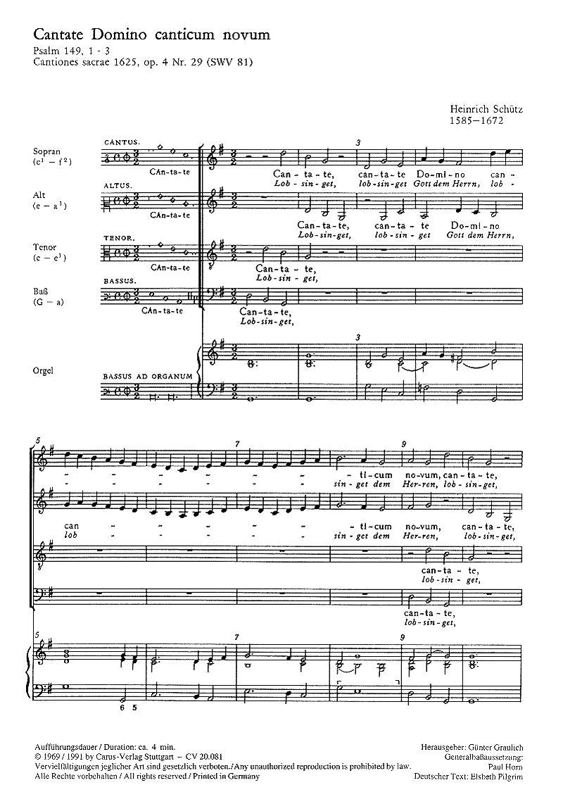 Schütz: Cantate Domino canticum novum (Lobsinget Gott dem Herrn) (SWV 81 (op. 4 no. 29)). Partitur (20 St.) Books
