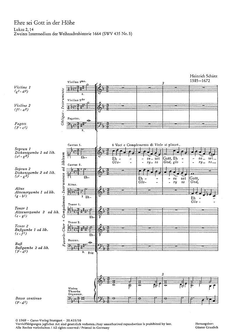 Schütz: Ehre sei Gott in der Höhe (SWV 435 no. 5). Partitur (20 St.) Books