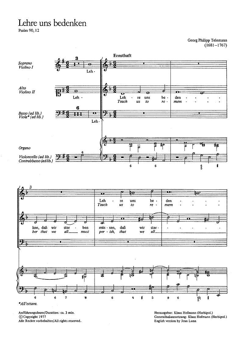 Telemann: Lehre uns bedenken (TVWV 1:1043/1). Partitur (20 St.) Books