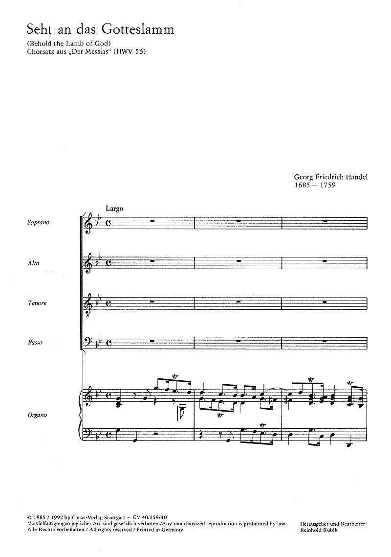 Händel: Seht an das Gotteslamm. Orgelauszug (20 St.) Books