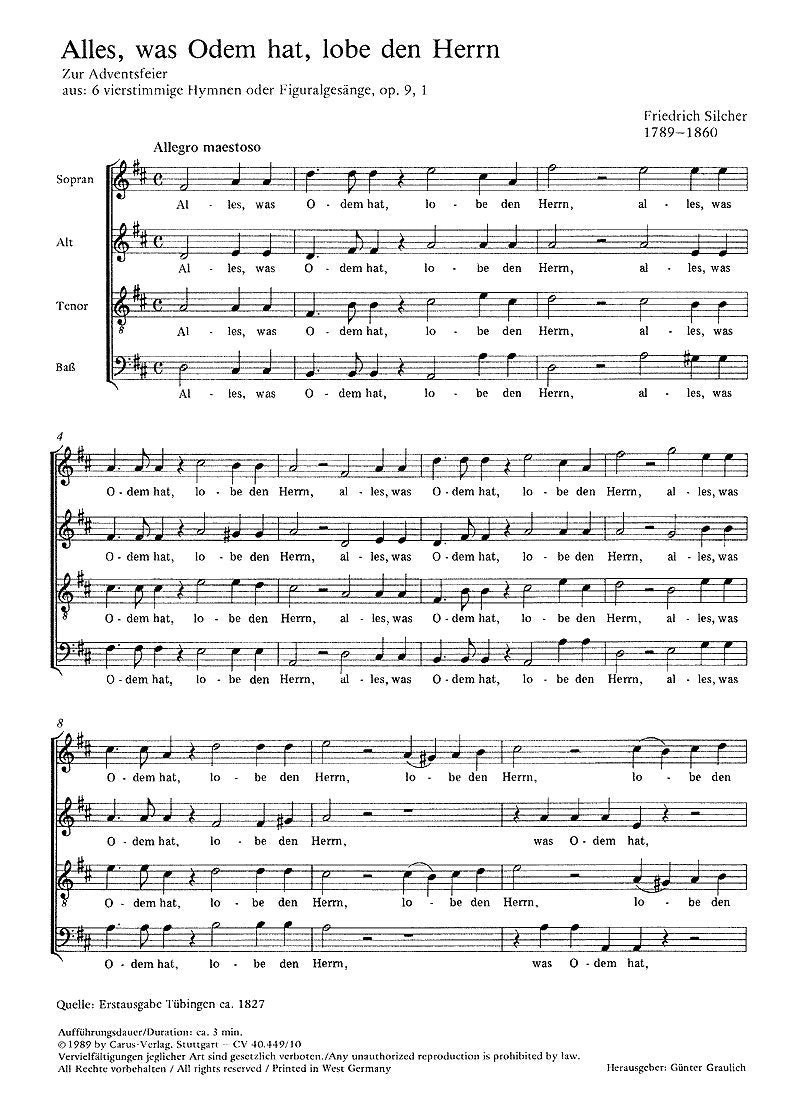 Silcher: Alles, was Odem hat (op. 9 no. 1). Partitur (20 St.) Books