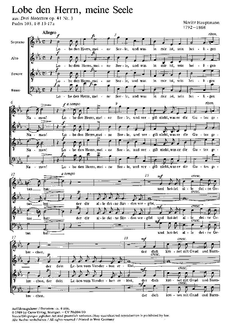 Hauptmann: Lobe den Herrn, meine Seele (op. 41 no. 3). Partitur (20 St.) Books