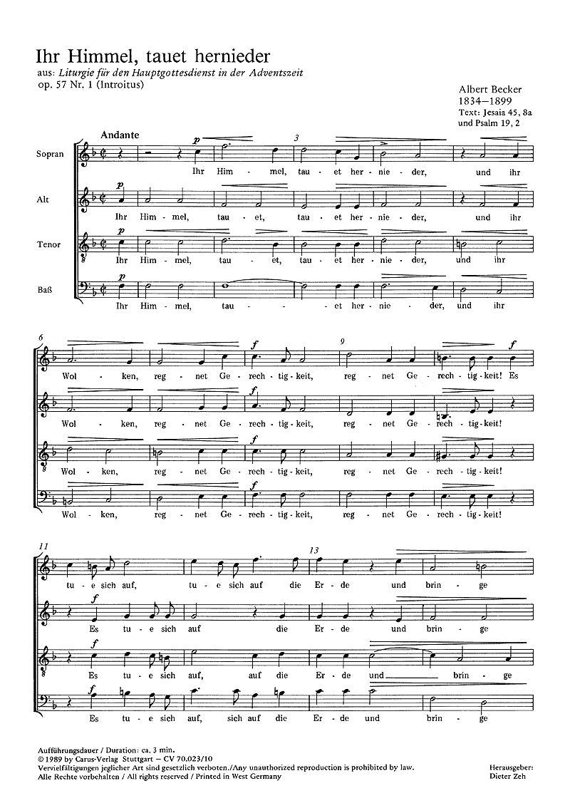 Becker: Ihr Himmel, tauet hernieder (op. 57 no. 1). Partitur (20 St.) Sheet Music