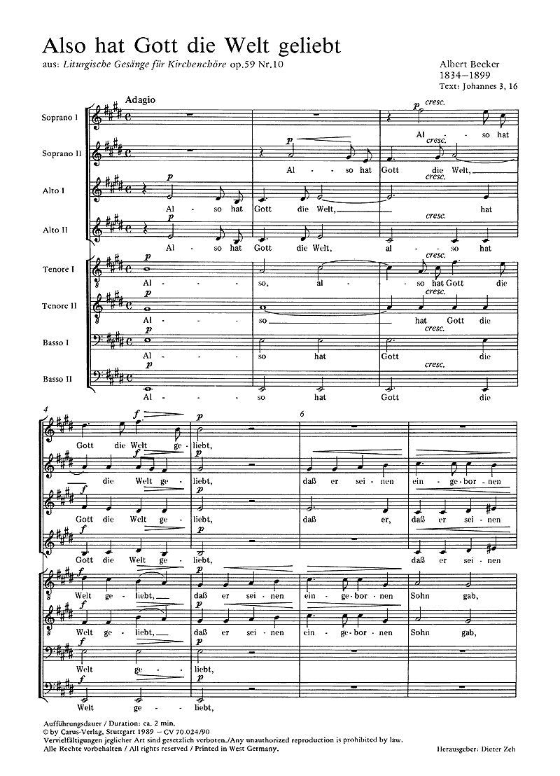 Becker: Also hat Gott die Welt geliebt (op. 59 no. 10). Partitur (20 St.) Sheet Music