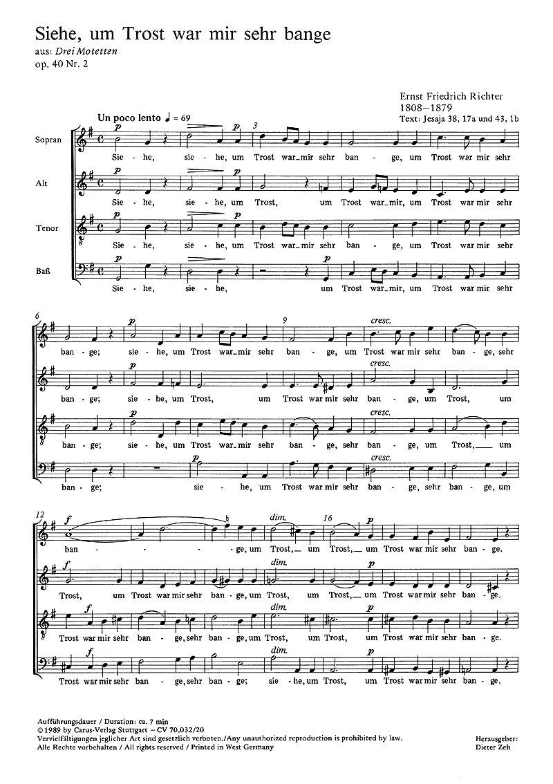 Richter: Siehe, um Trost war mir sehr bange (op. 40 no. 2). Partitur (20 St.) Music