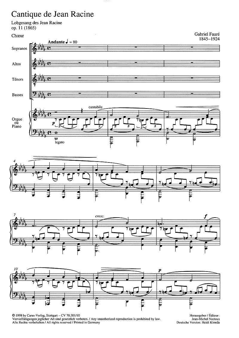 Fauré: Cantique de Jean Racine (Lobgesang des Jean Racine; Wort des Höchsten) (op. 11). Partitur (20 St.) Books