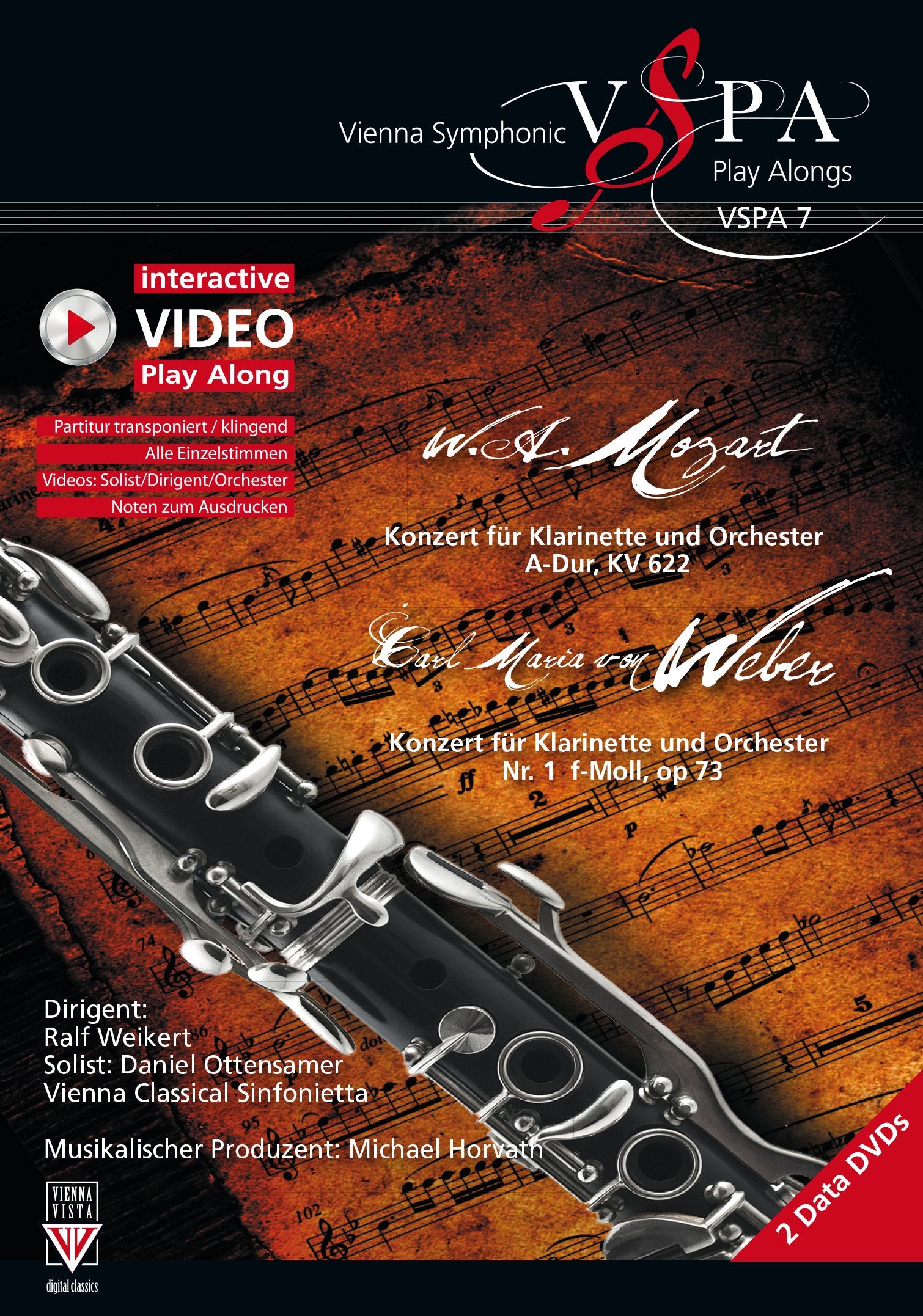 „Konzert für Klarinette und Orchester“ A-Dur KV 622 von W.A. Mozart und Nr.1 f-moll op. 73 von C. M. v. Weber, Play Along DVD, Vienna Symphonic Play Alongs, zwei Data DVD´s Music