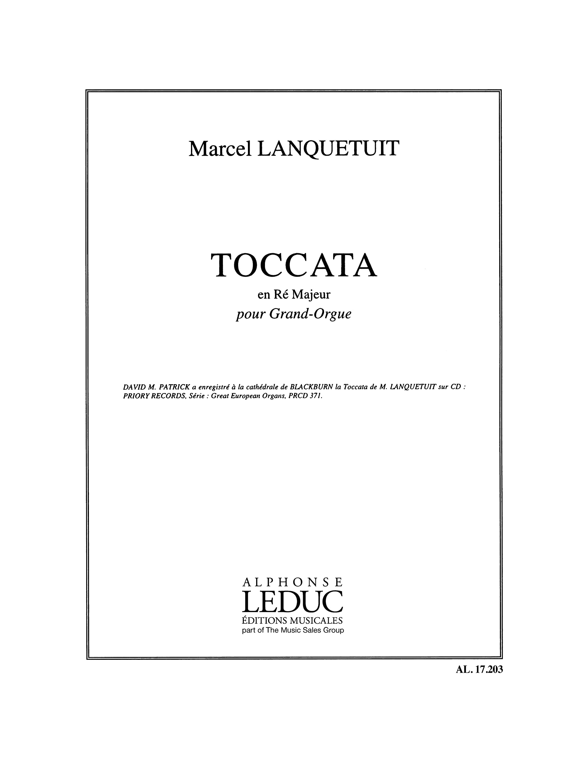 TOCCATA EN RE MAJEUR GRAND ORGUE Sheet Music