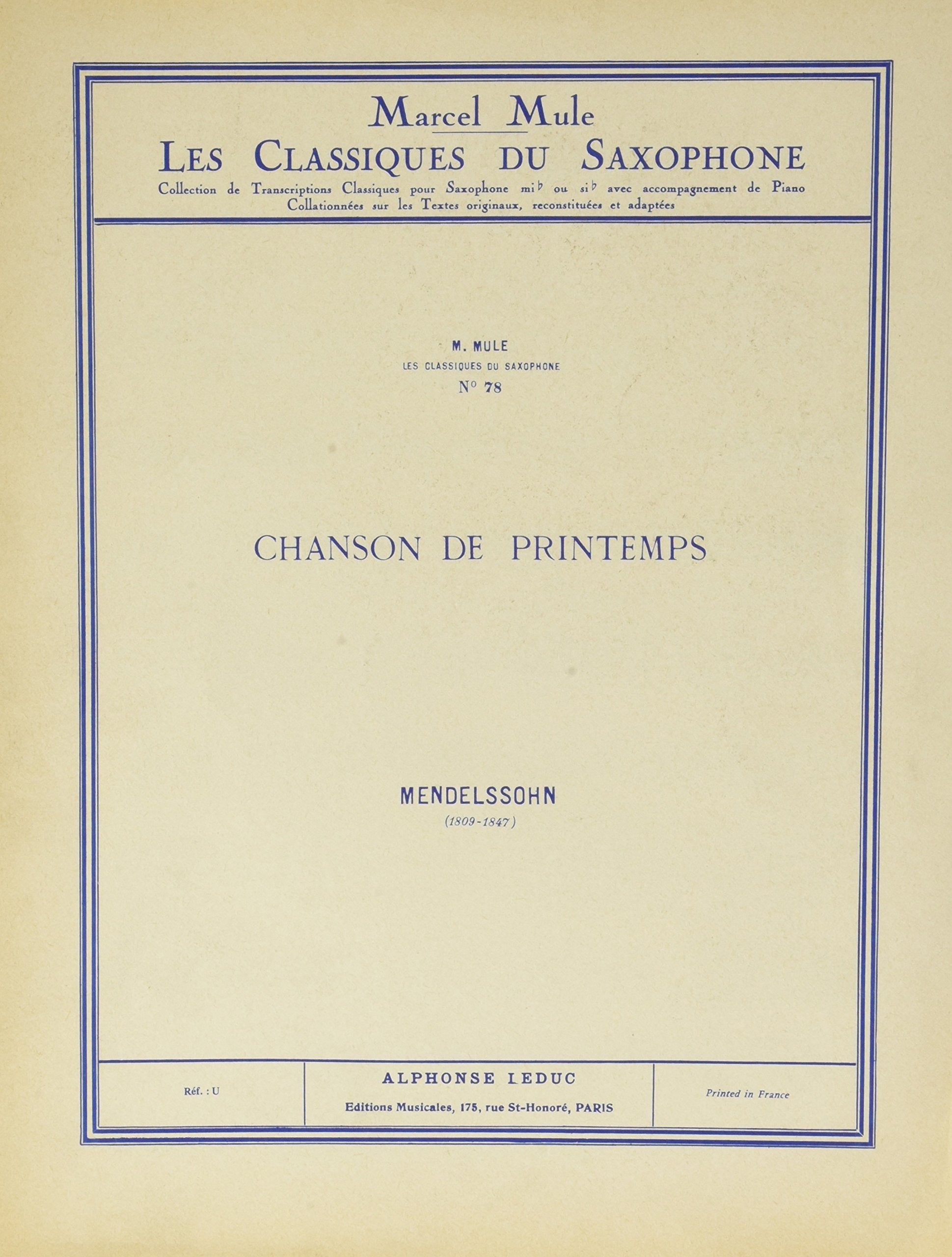 Felix mendelssohn bartholdy: chanson de printemps op.62 no.6 in a major (tenor saxophone/piano) book