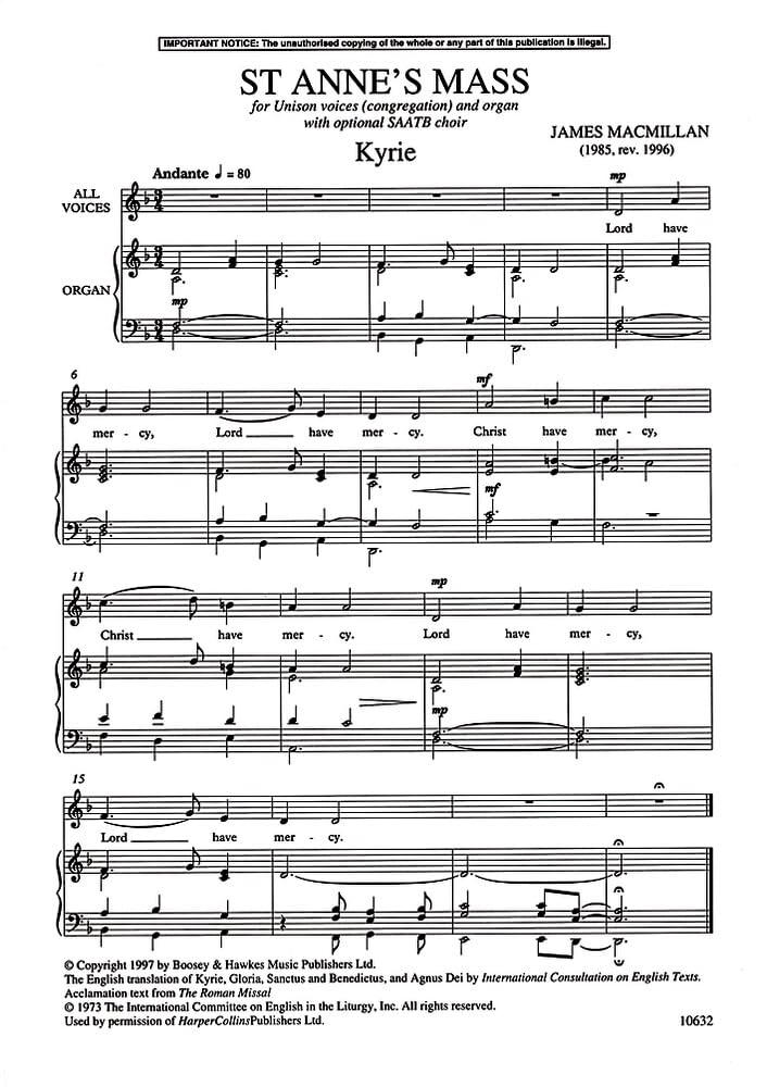 St Anne's Mass: 1996 version. Chor unisono (Gemeinde) und Orgel, gemischter Chor (SAATB) ad libitum. Chorpartitur. Sheet Music