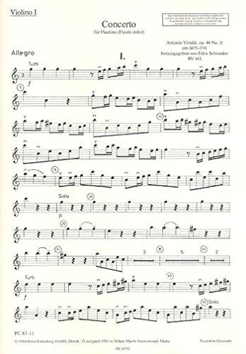 Concerto Ut majeur: op. 44/11. RV 443 / PV 79. Flautino (recorder), strings and basso continuo. Sheet Music