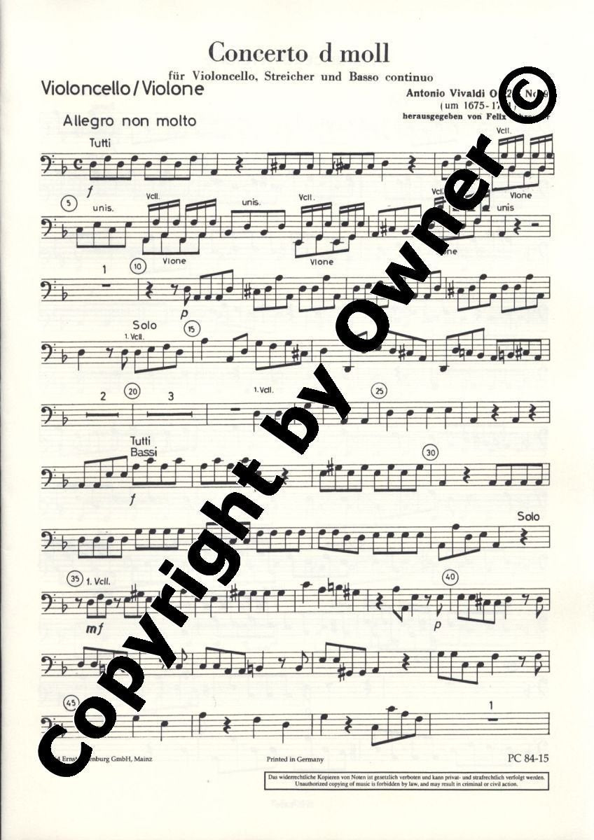 Concerto Ré mineur: op. 26/9. RV 406/481. cello, strings and harpsichord. Sheet Music