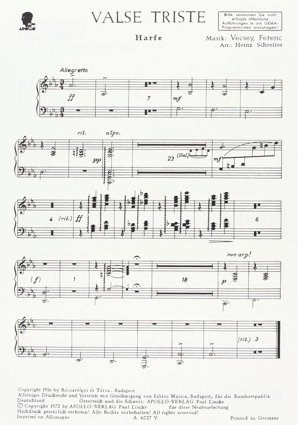 Tango / Valse triste: Salonorchester. Salonorchester-Ergänzung (Zusatzstimmen für großes Orchester). Sheet Music