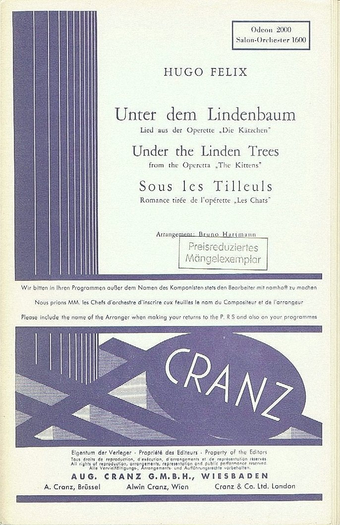 Unter dem Lindenbaum: aus "Die Kätzchen". Salonorchester. Stimmensatz. (Odeon) Sheet Music