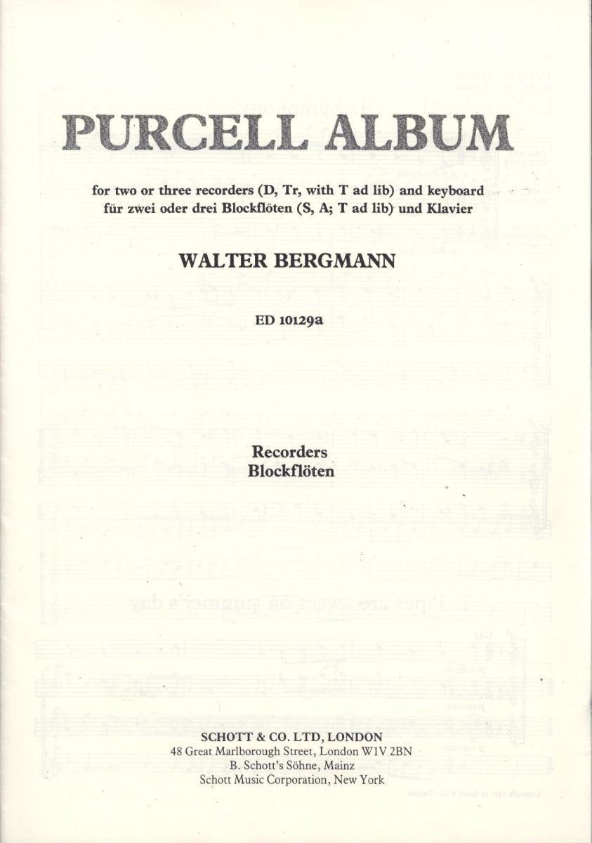 Henry Purcell Album: Sopran- und Alt-Blockflöte und Klavier oder 3 Blockflöten (SAT) und Klavier ad libitum. Sopran- und Alt-Blockflöte. (Edition Schott) Sheet Music