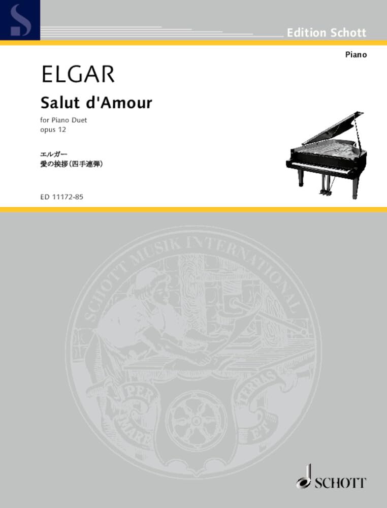 Salut d'Amour: Japanese Front Cover. op. 12. Klavier 4-händig. (Edition Schott) Sheet Music