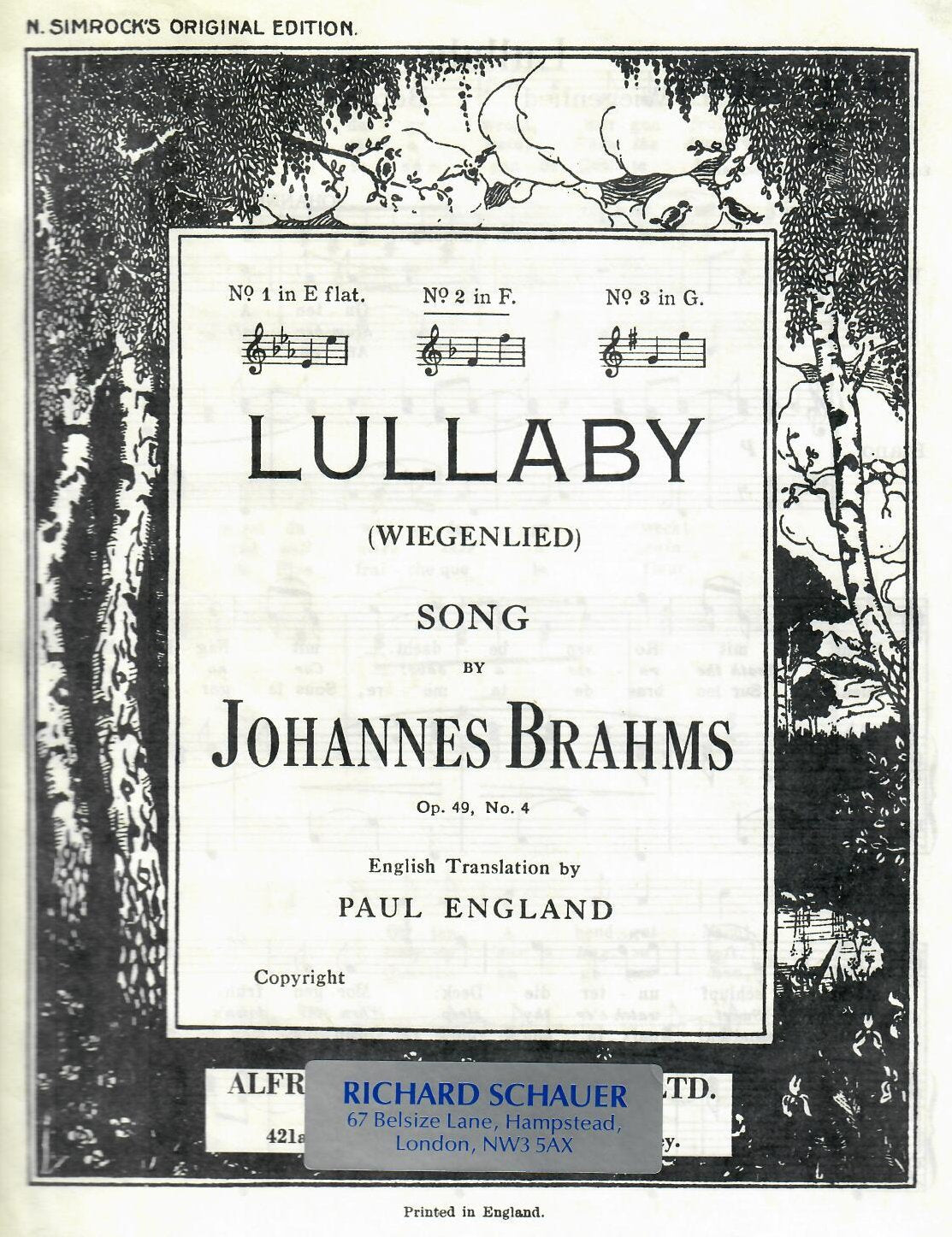 Wiegenlied F-Dur: op. 49/4. hohe Singstimme und Klavier. hoch. Sheet Music