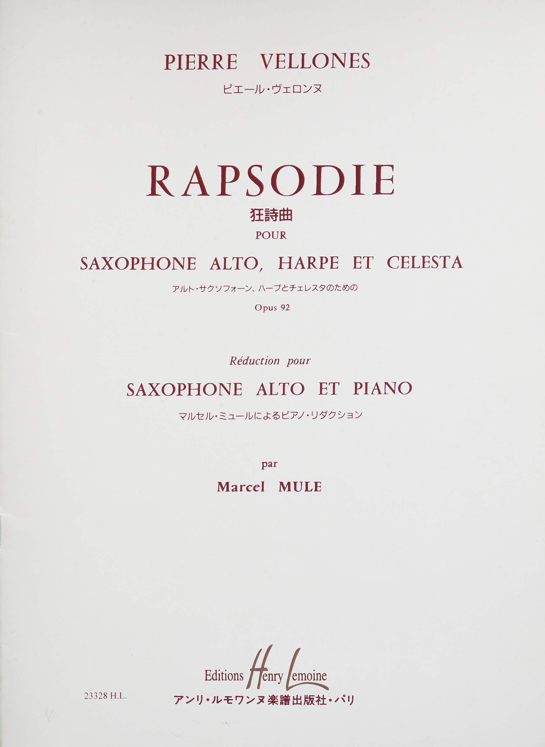 RAPSODIE OP.92 --- SAXOPHONE MIB ET PIANO Sheet Music