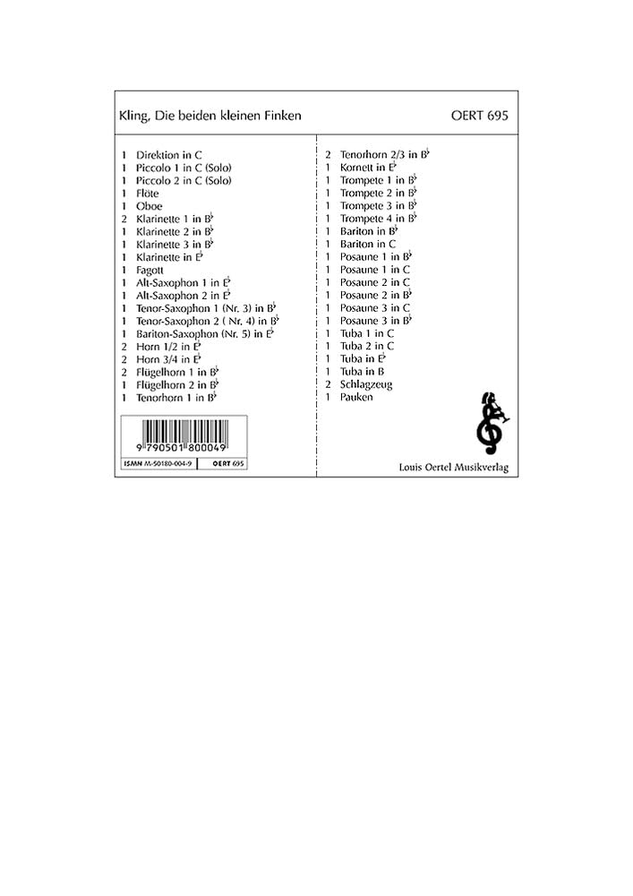 Die beiden kleinen Finken: Marsch-Polka. 2 Piccolo-Flöten und Blasorchester. Direktion mit Stimmen. Sheet Music