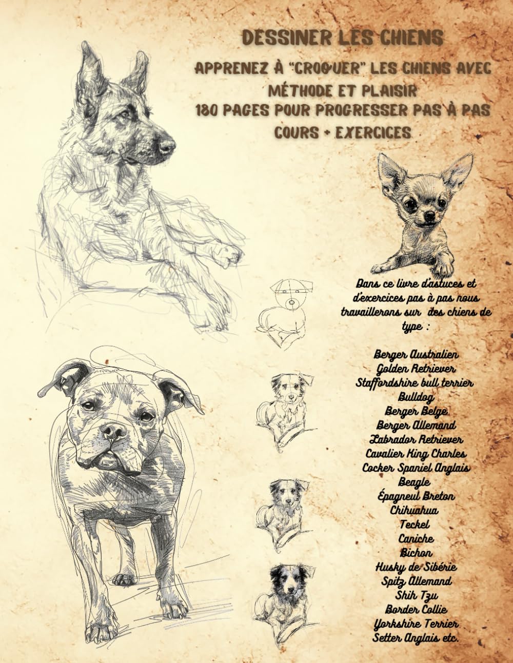 Dessiner des chiens - Astuces d'artistes et exercices pratiques étapes par étapes - 97 illustrations de chiens des 20 races les plus appréciées- 189 pages book
