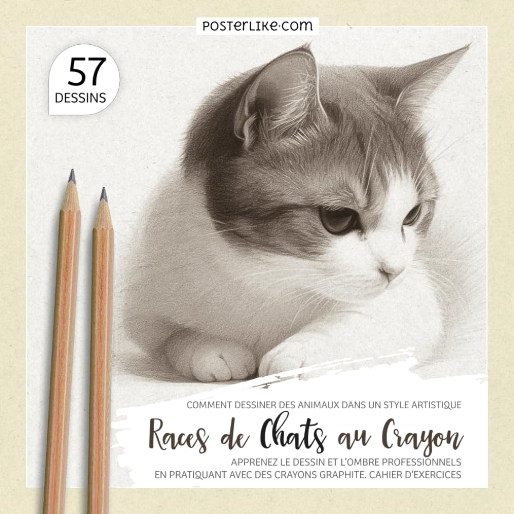 Comment Dessiner des Animaux dans un Style Artistique. Races de Chats au Crayon: Apprenez le Dessin et l’Ombre Professionnels en Pratiquant avec des Crayons Graphite. Cahier d’Exercices book