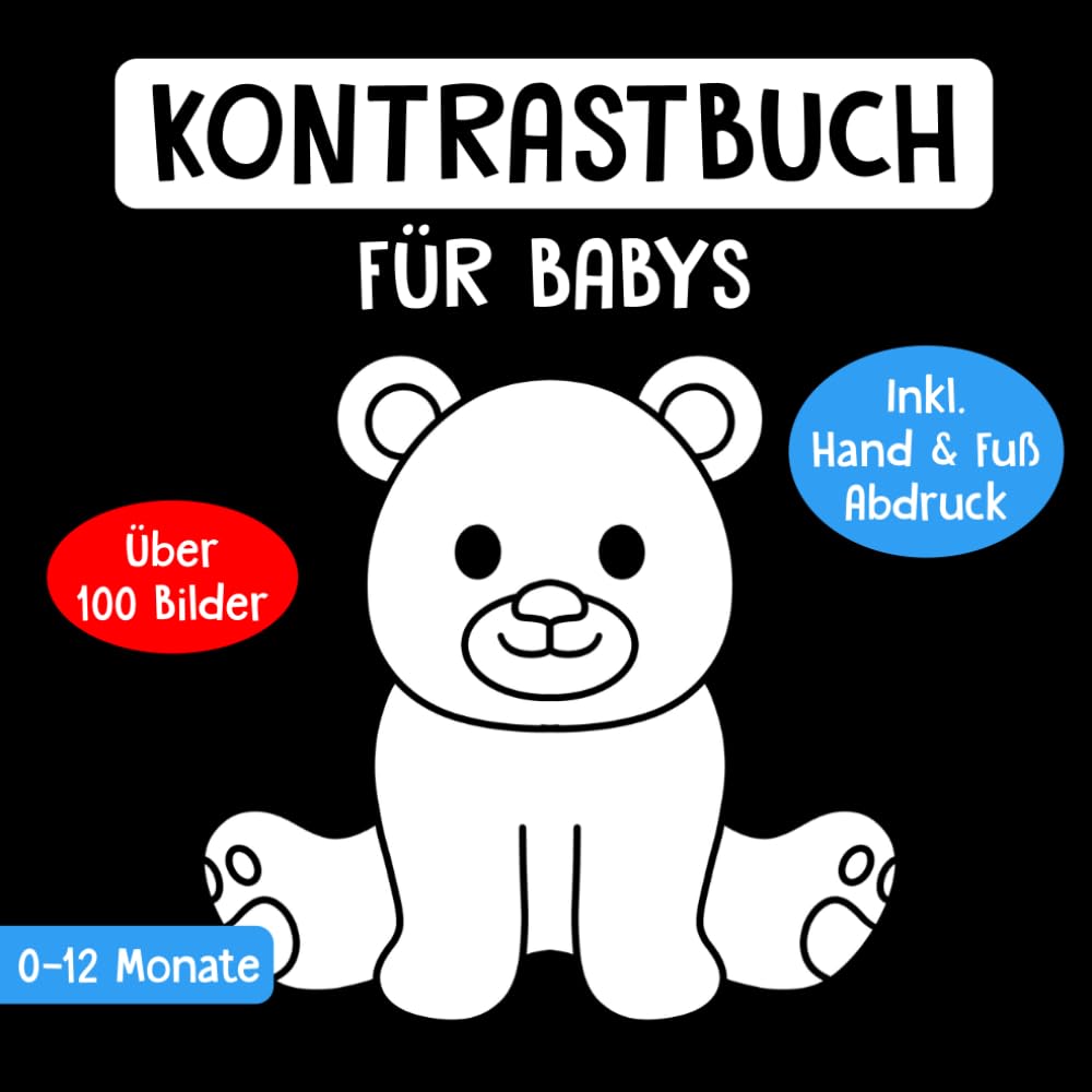 Kontrastbuch für Babys: Über 100 schwarz weiß Kontrastbilder für die visuelle Entwicklung - Geschenk für Neugeborene und Säuglinge 0-12 Monate - Inkl. Hand und Fuß Abdruck Health, Nutrition & Fitness