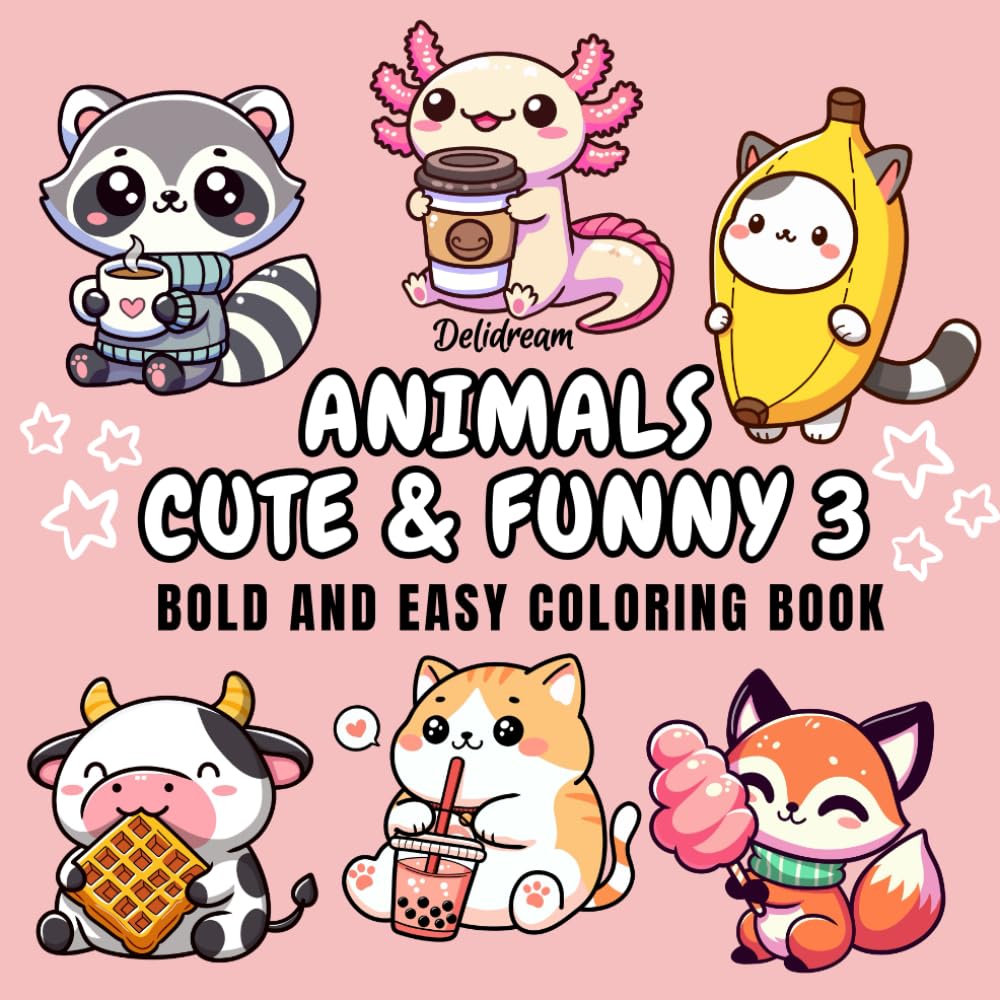 Animals Cute & Funny 3: Bold and Easy Coloring Book for Kids and Adults, 35 Relaxing Stress Relieving Designs Tiptoi & Games