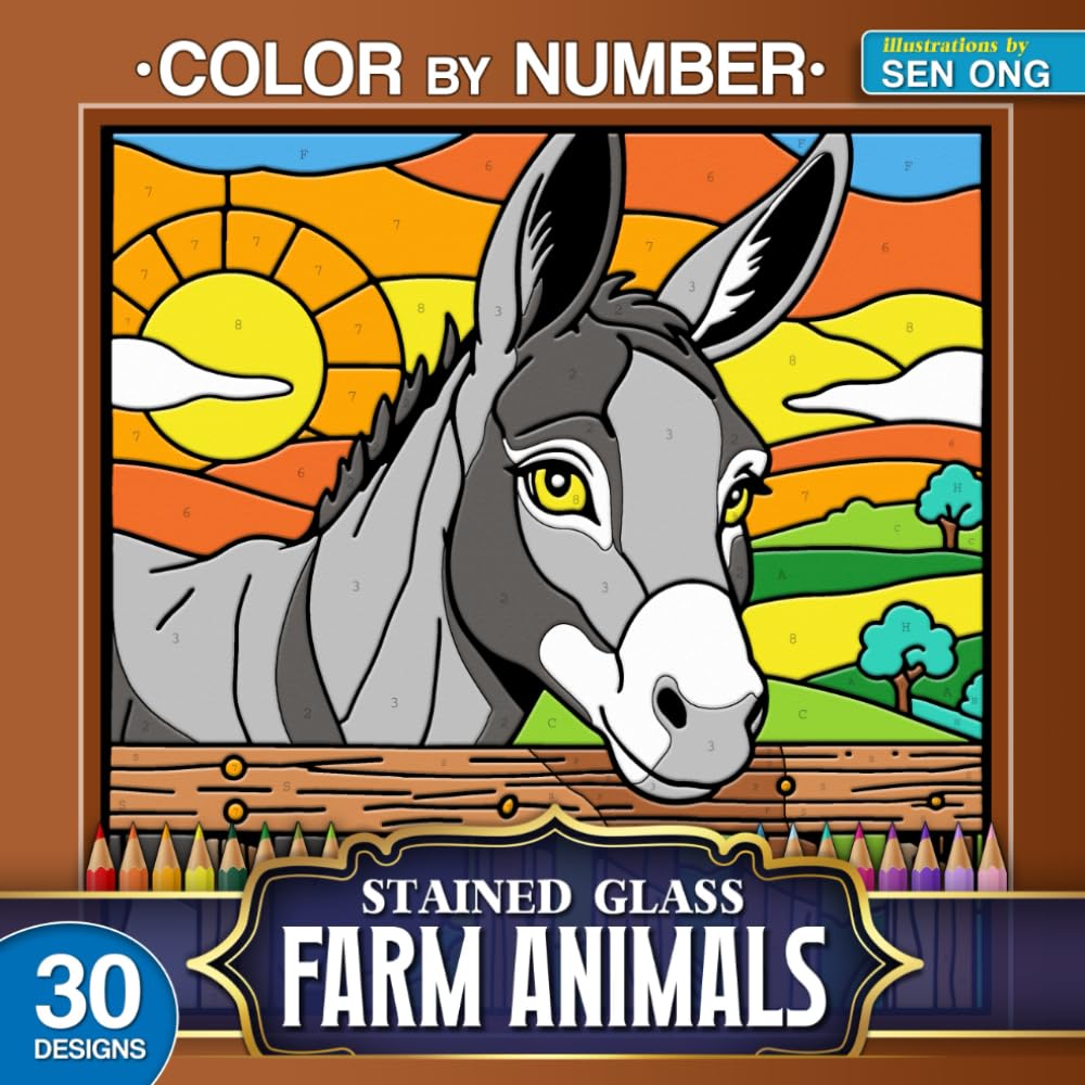 Farm Animals Stained Glass Color by Number: 30 Joyful Scenes of Life on the Farm (Stained Glass Color By Number Collection) Film, Art & Culture