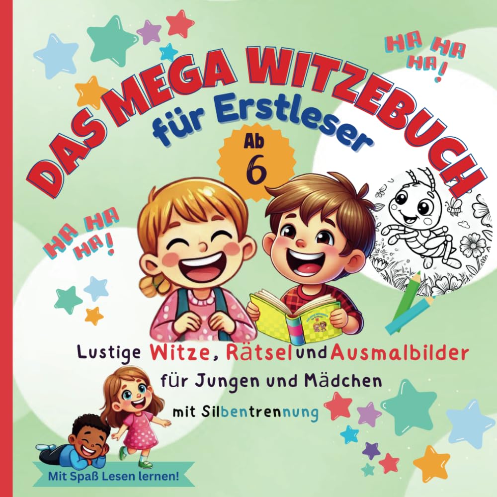 Das Mega Witzebuch für Erstleser ab 6 Jahren: Lustige Witze, Rätsel und Ausmalbilder für Jungen und Mädchen - Mit Spaß Lesen lernen! Erstlesebuch mit Silbentrennung für die 1. Klasse Manga