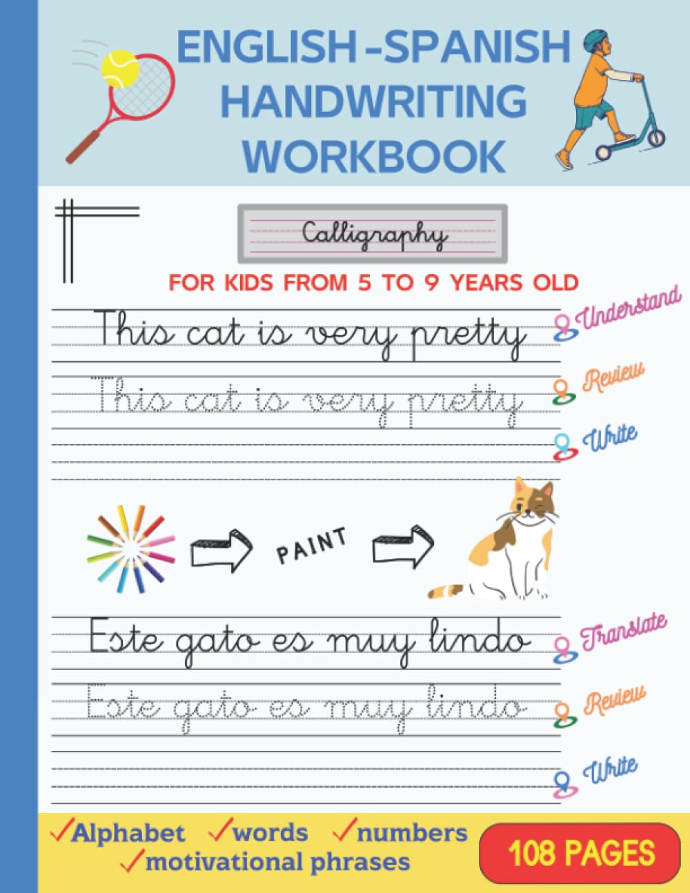 ENGLISH - SPANISH HANDWRITING WORKBOOK. IN BLACK AND WHITE.: A complete book of Calligraphy in Spanish and English, to learn and improve writing while practicing another language. Foreign Languages ​​& Dictionaries