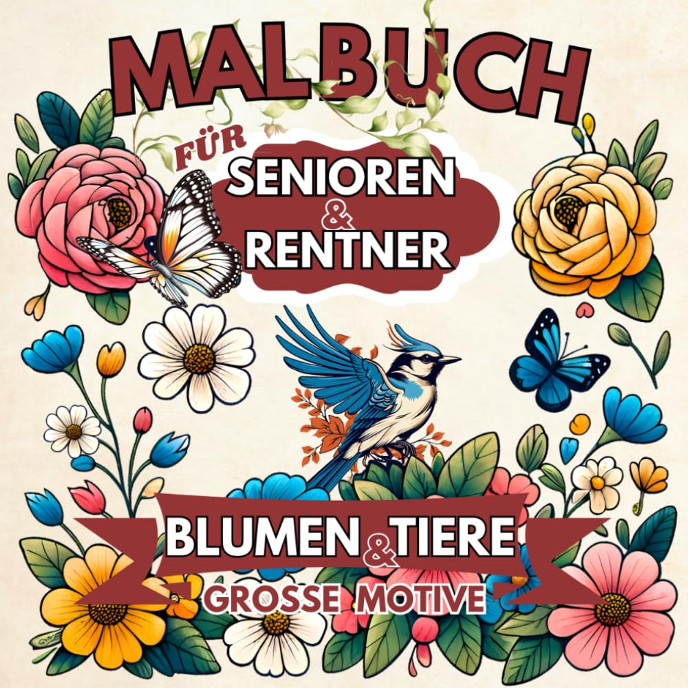 Malbuch mit großen Motiven für Senioren und Rentner: Blumen und Tiere einfach ausmalen | Einfaches Malbuch für Erwachsene zum Entspannen und Stressabbau Hobbies & Crafts
