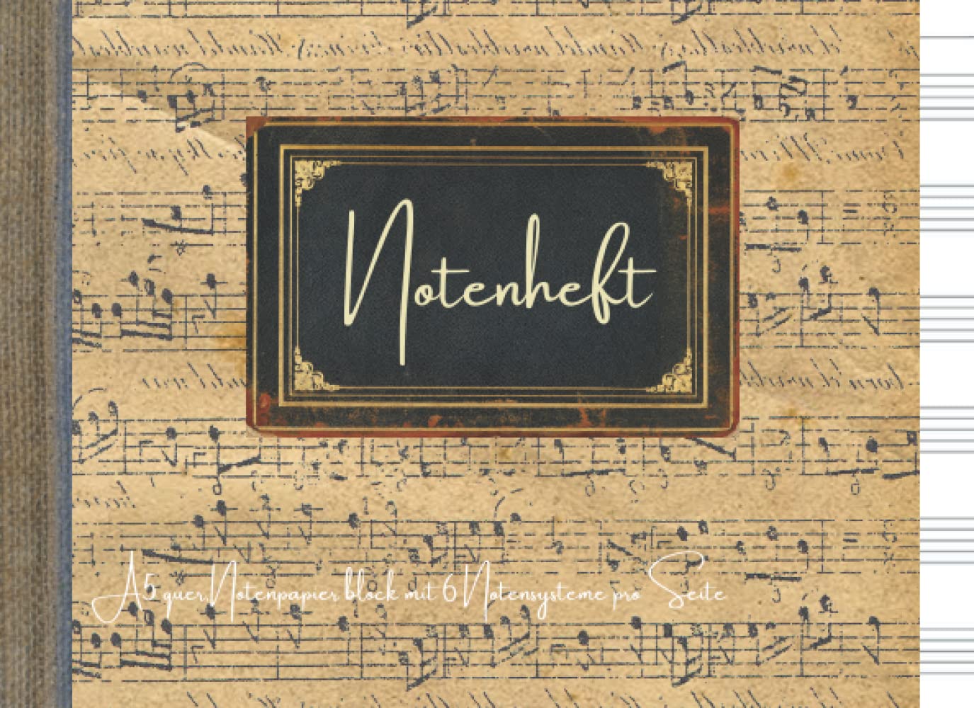 Notenheft A5 quer, Notenpapier block mit 6 Notensysteme pro Seite: Leere Notenblätter | 110 Seiten Notenlinien Heft inklusive Index, Qualitätspapier 90 g/m² Sheet Music