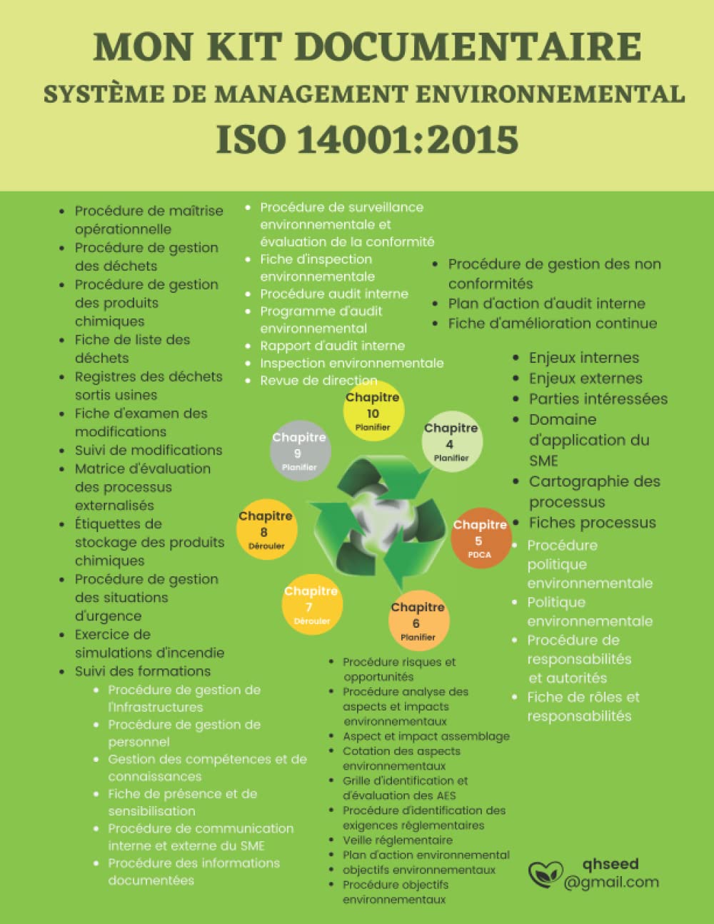 MON KIT DOCUMENTAIRE SYSTÈME DE MANAGEMENT ENVIRONNEMENTAL ISO 14001:2015: Préétabli par les chapitres selon la norme ISO 14001: 2015-contient toute ... Management Environnementale + un manuel SME book