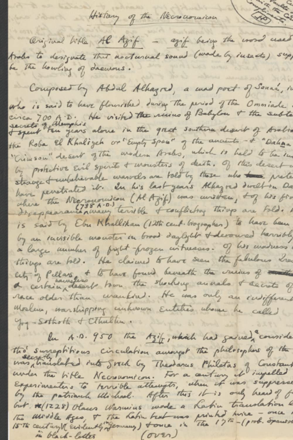"History of the Necronomicon" (1927) manuscript covered notebook - H. P. Lovecraft handwritten first page series - 6x9 200 cream page, lined notebook. Essays & Short Stories