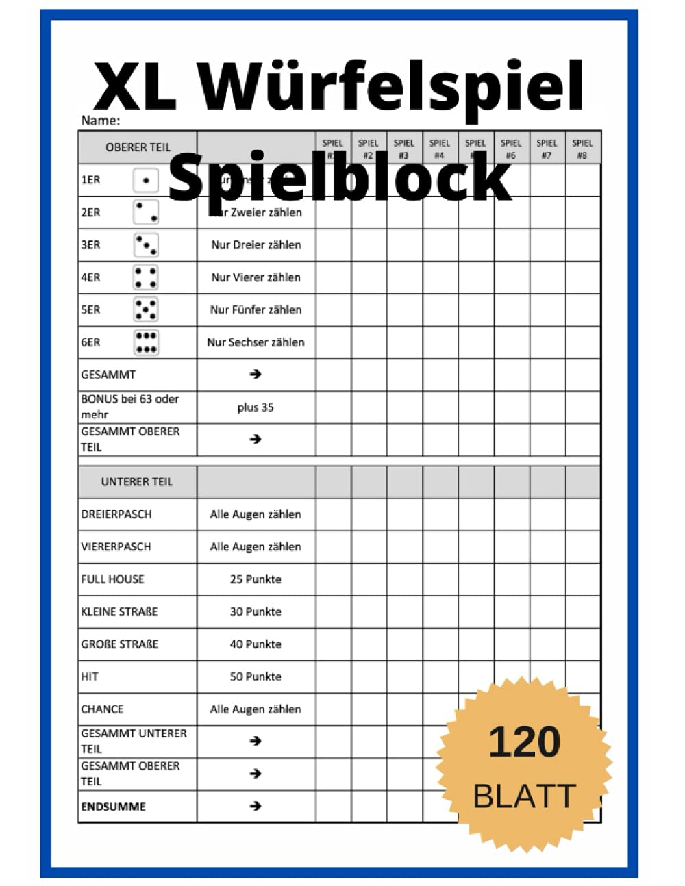 Würfelspiel Spielblock: A4 Würfelspiel Gewinnblatt Block Groß | 120 Blatt | 960 Spiele | Block für Würfelspiel Reisespiele | Spiele Familienspiele Leisure & Fun