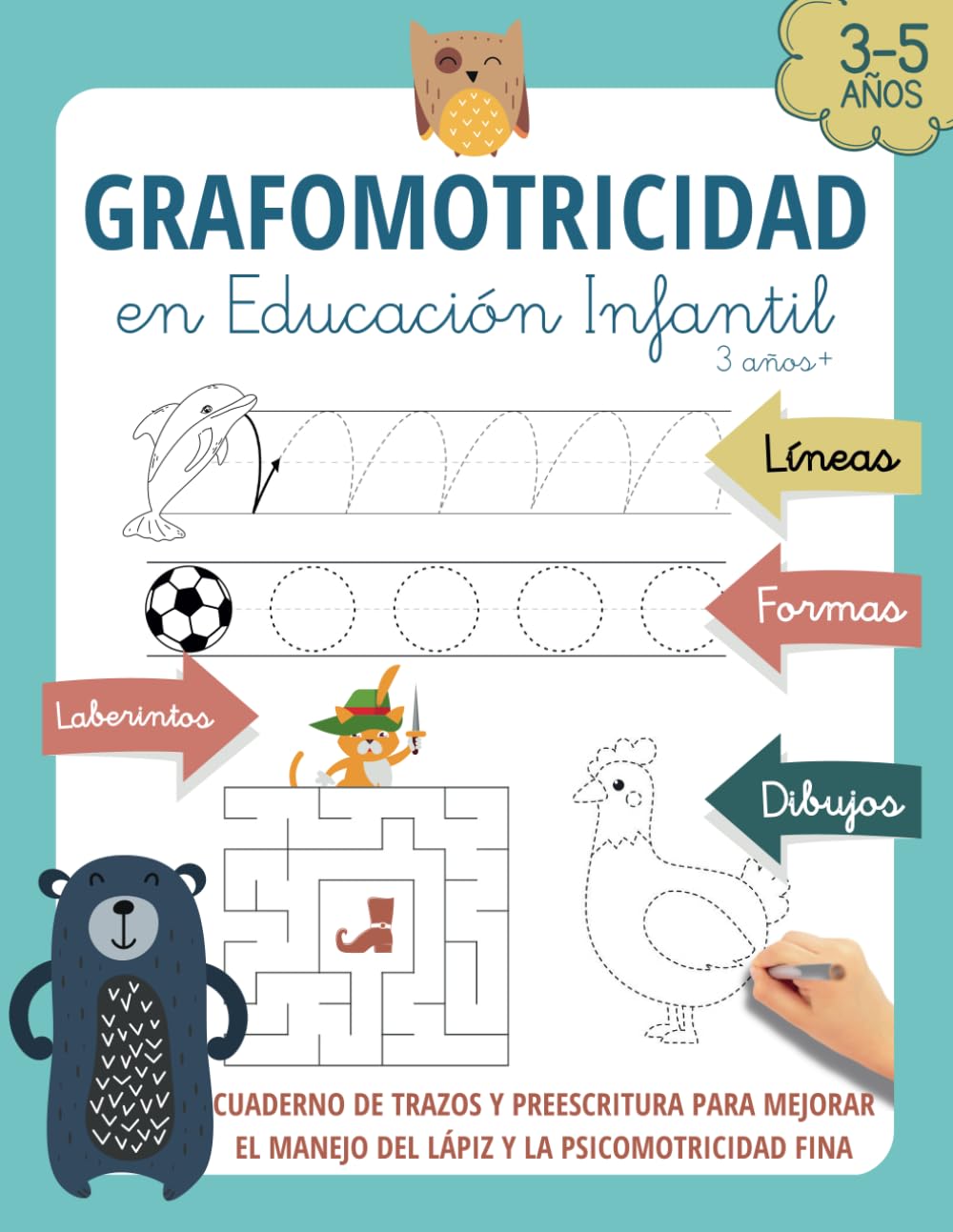 GRAFOMOTRICIDAD EN EDUCACIÓN INFANTIL 3 AÑOS +: Cuaderno de trazos y preescritura para mejorar el manejo del lápiz y la psicomotricidad fina 3, 4 y 5 ... infantil (repasar líneas, formas, dibujos) book
