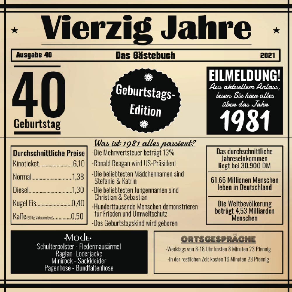Vierzig Jahre Das Gästebuch: Zum 40 Geburtstag / Geburtsjahr 1981 / Zeitung Design Mit Ereignissen Im Jahre 81 / Geschenk Und Geburtstagsdeko / Platz Für Glückwünsche Und Fotos Non-fiction