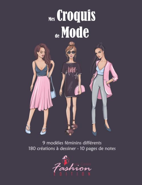 Mes Croquis de Mode: v1-1 Cahier de dessin pour créateur de mode adulte adolescent 180 créations | 9 silouhettes différentes de femmes | Grand Format | fond prune 3 modèles Non-fiction