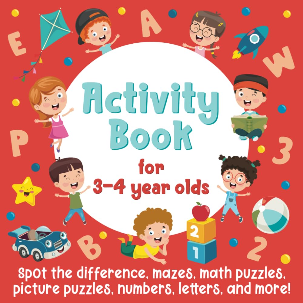 Activity Book For 3-4 Year Olds: Spot The Difference, Mazes, Math Puzzles, Picture Puzzles, Numbers, Letters, and More!: (Gift Idea for Girls and Boys) Tiptoi & Games