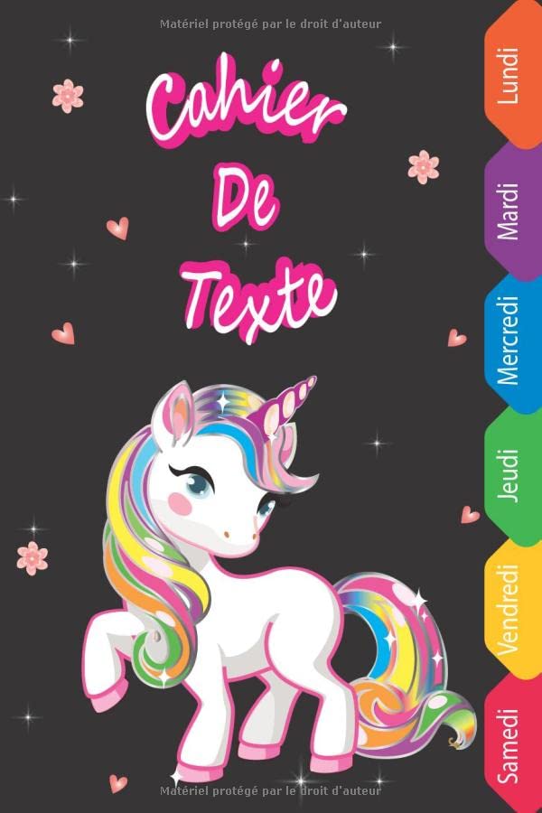 Cahier de texte fille: Cahier de texte licorne cp - ce1 - ce2 - cm1 - cm2 | format (A5) pratique pour le cartable 6x9 pouces, cahier de devoir pour la ... et devoirs), cahier scolaire sans spirale book