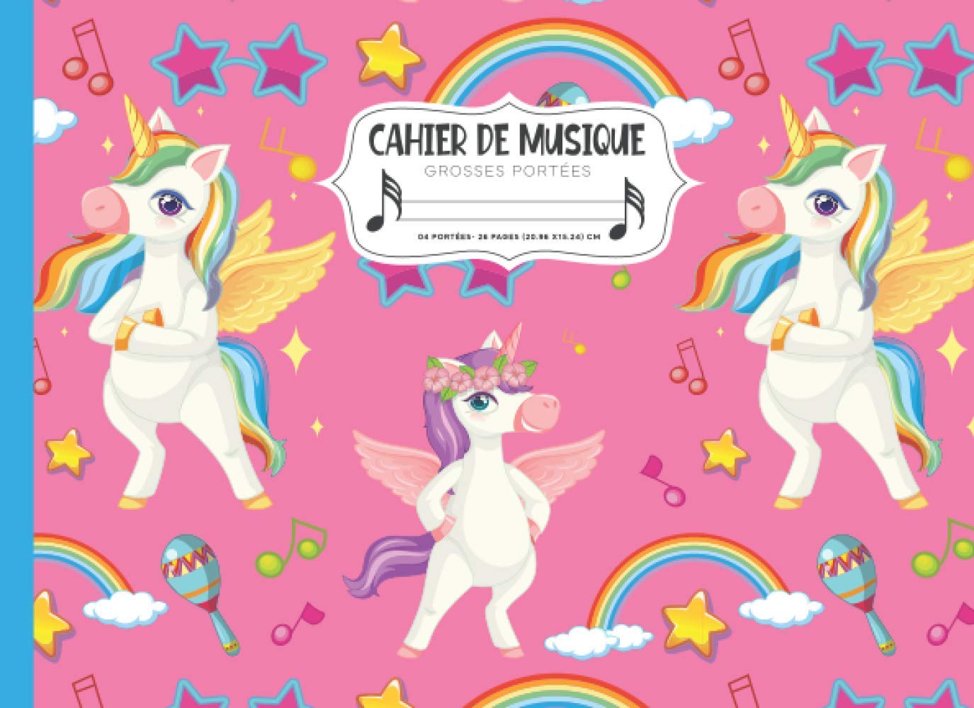 Cahier de musique: Pour enfant 4 grosses portées| partitions vierges pour apprendre le solfège et la composition musicale (24 pages). Thème Licorne rose. Arts & Music