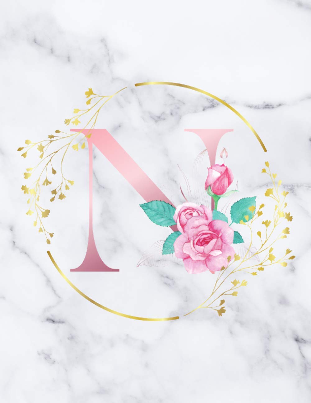 N: Personalised Marble Notebook, Monogram Journal for Women Girls and School, Floral Pink Initial 8.5" x 11" Non-fiction