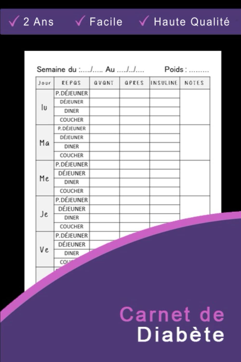 Carnet de Diabète: carnet de glycémie, carnet insuline, carnet autosurveillance diabète, suivi de glycémie, control du diabète | 106 semaines (2 ans) book