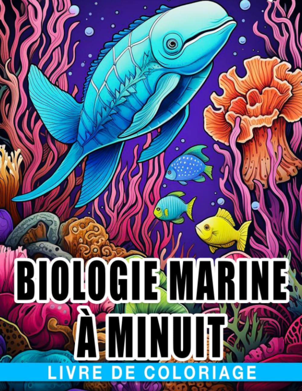 Livre de coloriage de biologie marine à minuit: Pages de coloriage complexes sur fond noir pour ad book