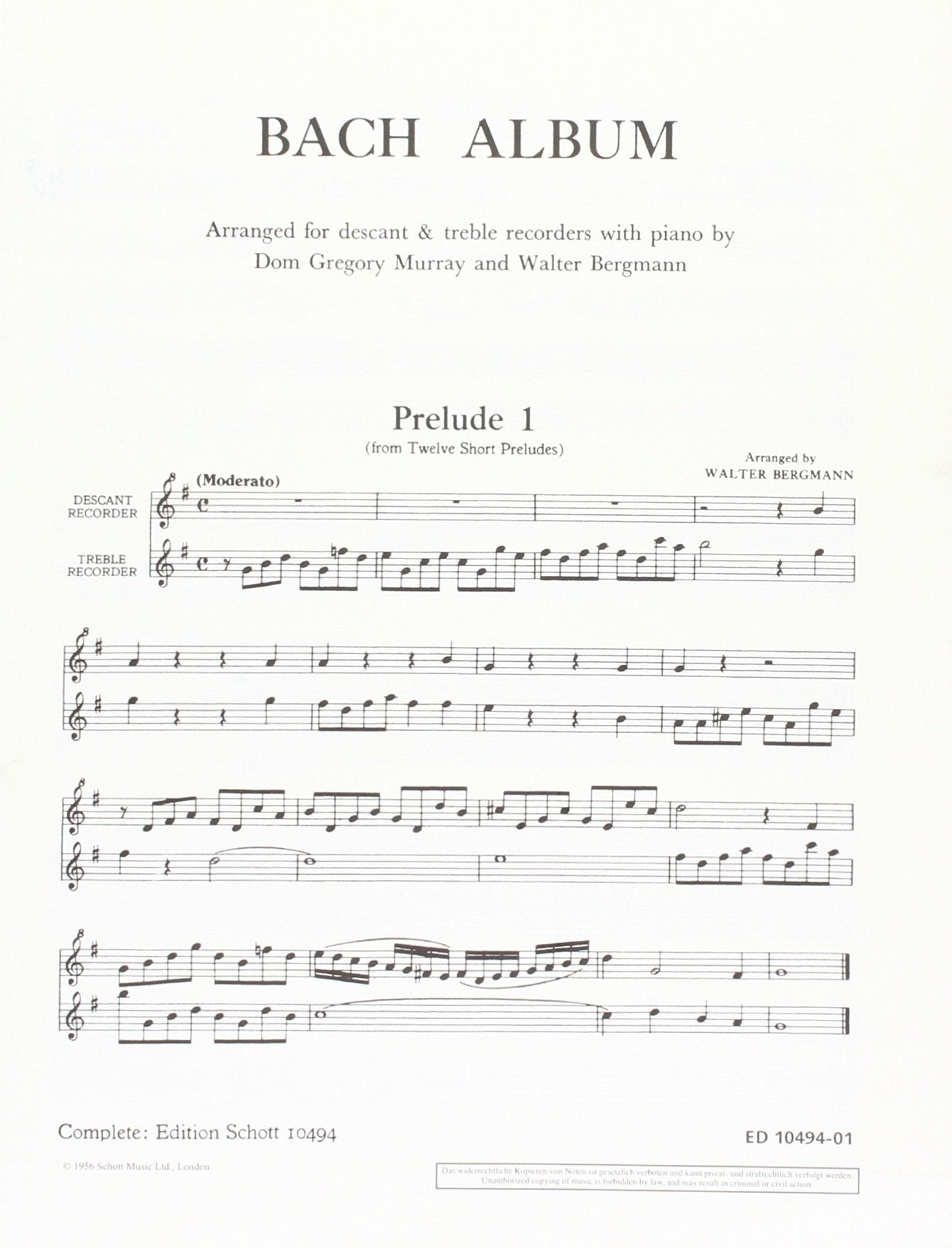 Bach Album: 2 Blockflöten (SA) und Klavier. Spielpartitur. Sheet Music